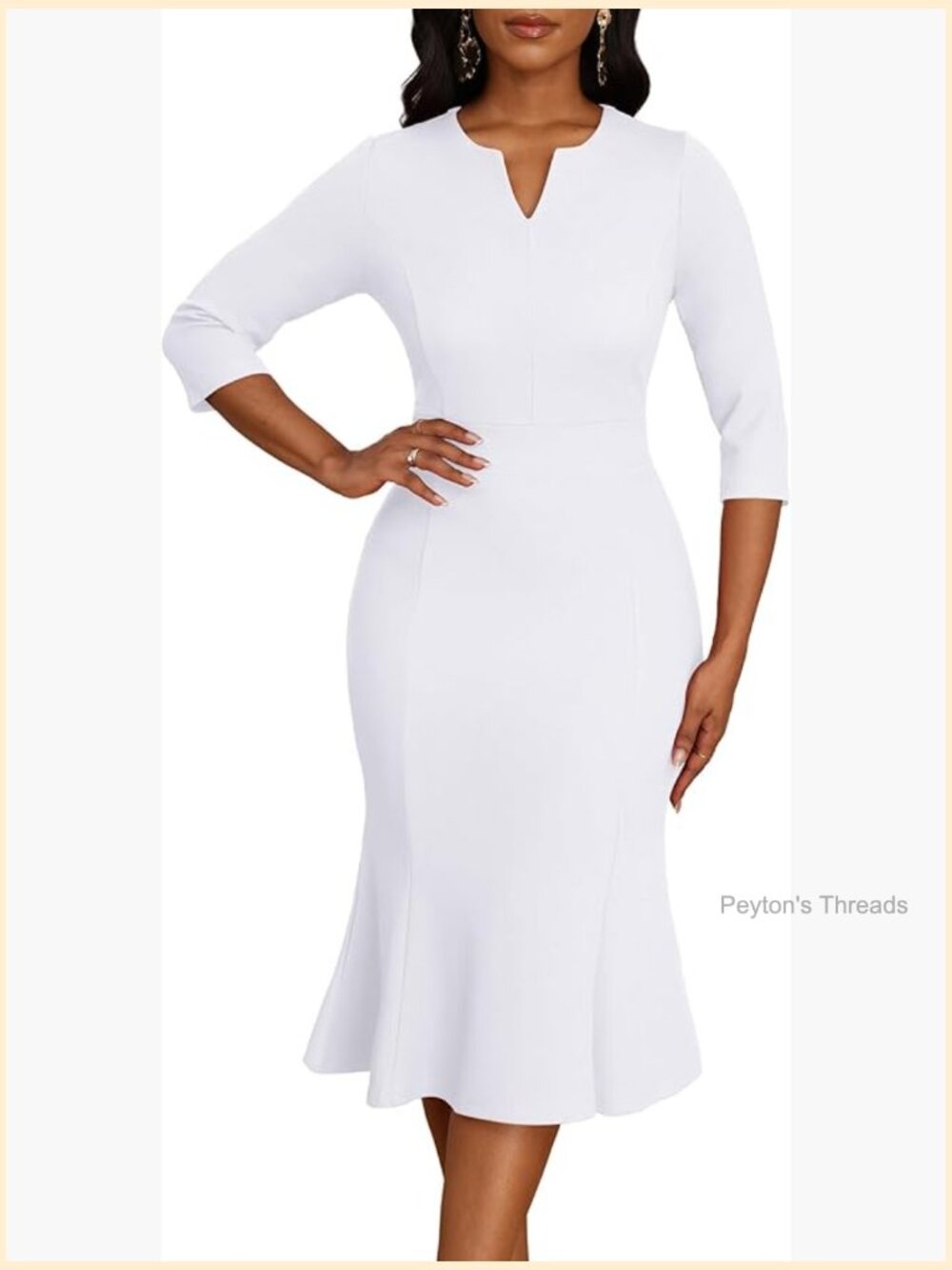 3/4 Sleeve V-Neck Mermaid Midi Dress Bodycon Fishtail Cocktail Church Wedding